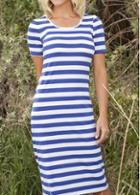 Rosewe Short Sleeve Stripe Print Shift Dress
