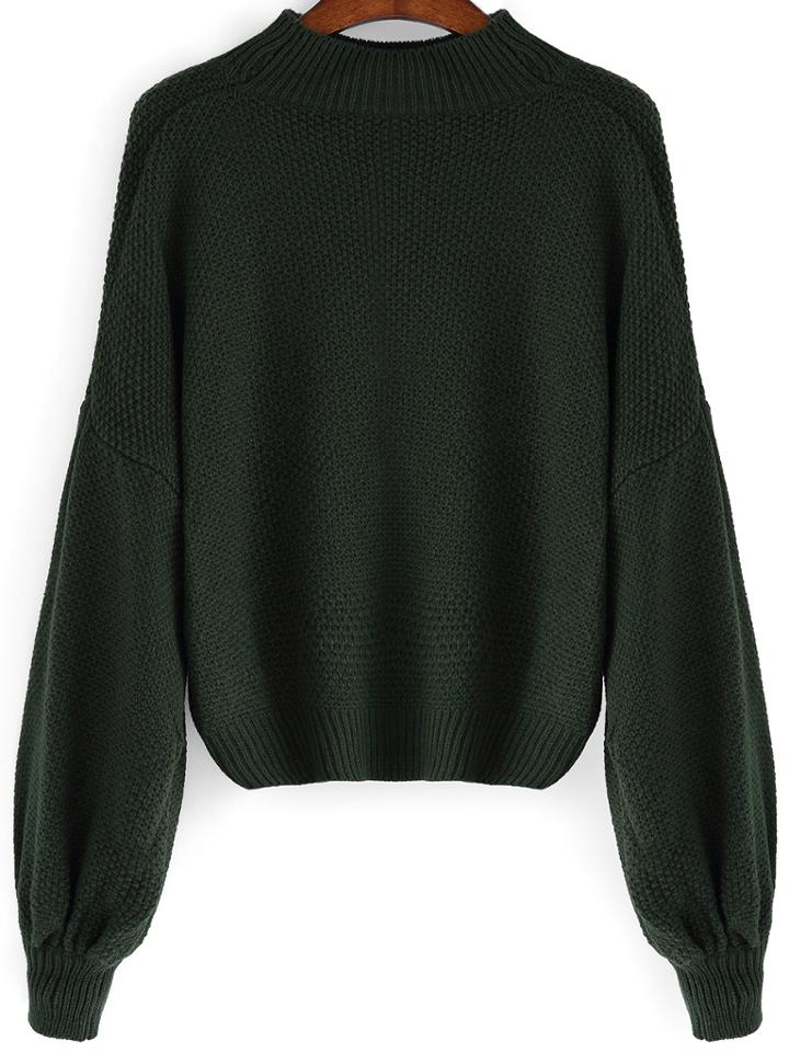 Shein Green Mock Neck Lantern Sleeve Crop Sweater