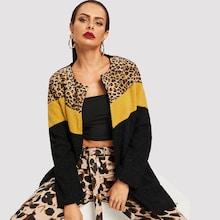 Shein Contrast Panel Leopard Print Colorblock Teddy Coat