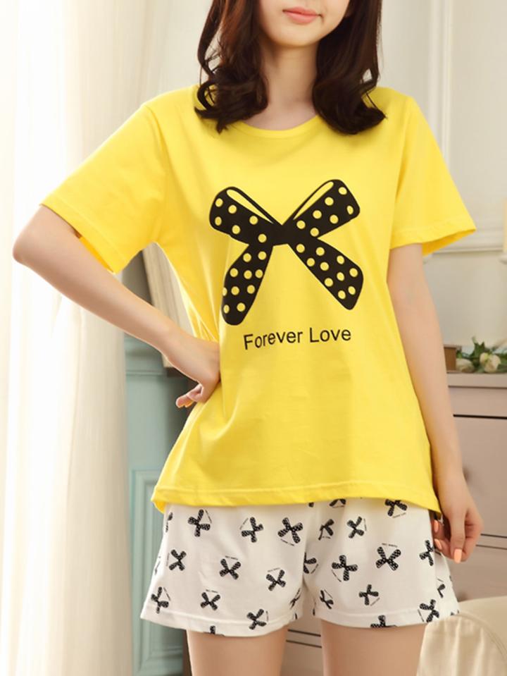 Shein Bow Print Tee & Shorts Pj Set