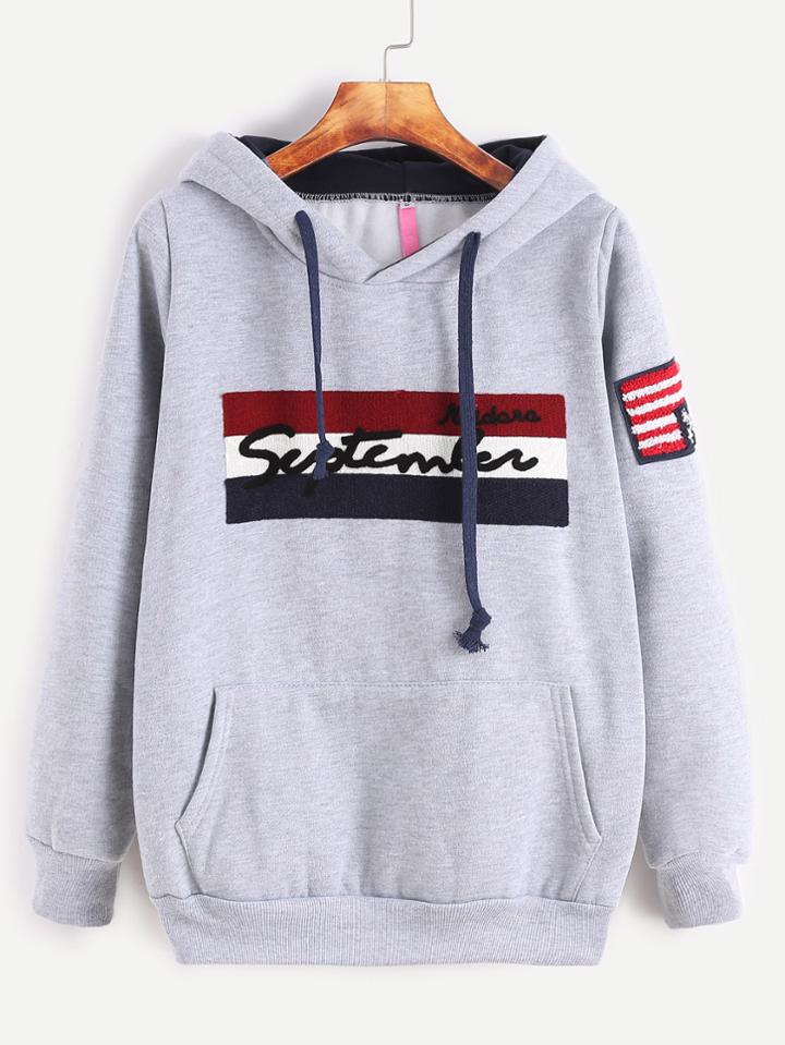 Shein Pale Grey Patches Drawstring Hooded Pocket Sweatshirt