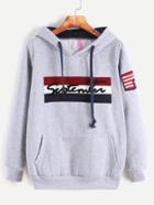 Shein Pale Grey Patches Drawstring Hooded Pocket Sweatshirt