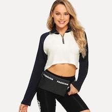 Shein Zip Front Color Block Crop Pullover