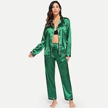 Shein Contrast Binding Button Up Satin Pajama Set