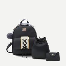 Shein Pu Combination Bag 3pcs With Pom Pom