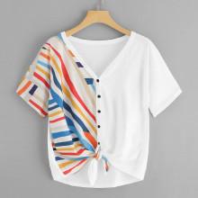 Shein Plus Button Through Knot Hem Striped Tee