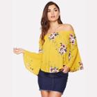 Shein Bell Sleeve Curved Hem Floral Bardot Top