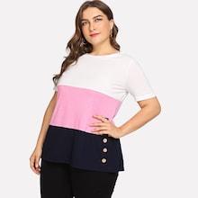 Shein Plus Color Block Button Detail Tee