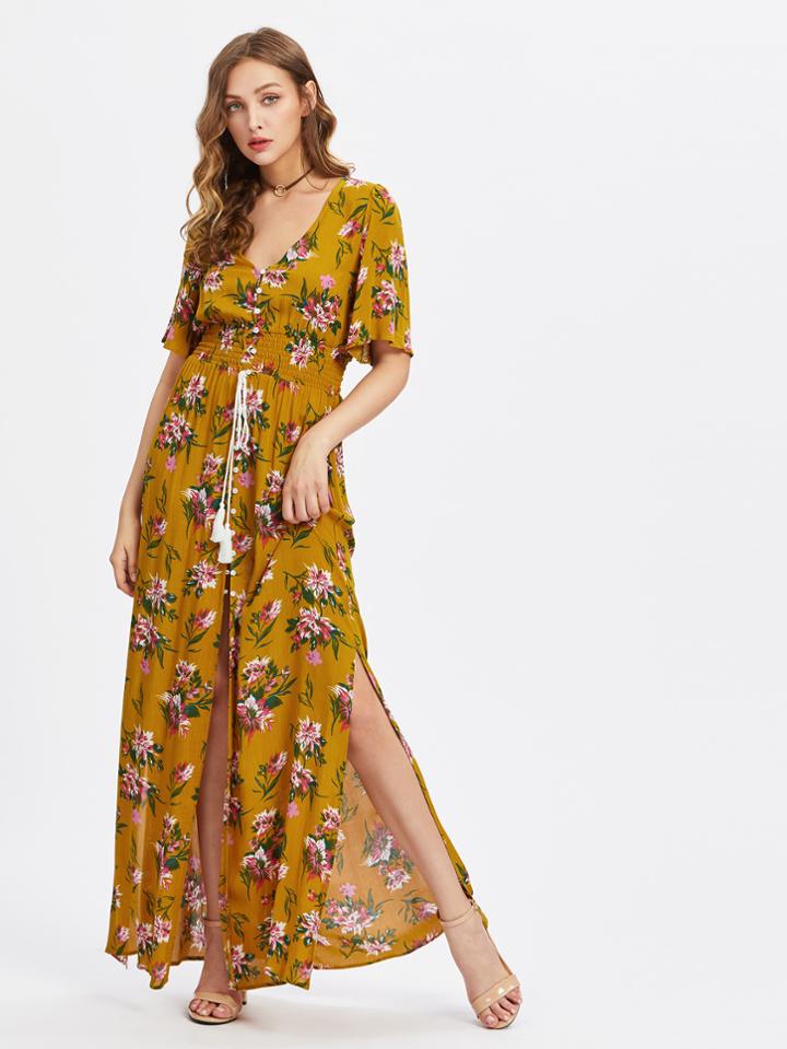 Shein Tasseled Tie Smocked Waist Slit Dress
