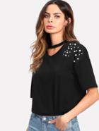 Shein Pearl Beaded Choker Neck Tee