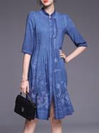 Shein Blue Pleated Flowers Embroidered Dress