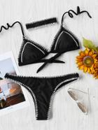 Shein Whipstitch Trim Embroidered Bikini Set With Choker
