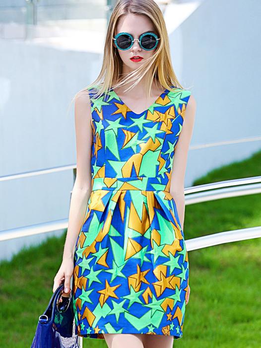 Shein Blue V Neck Sleeveless Star Jacquard Dress