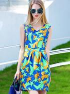 Shein Blue V Neck Sleeveless Star Jacquard Dress