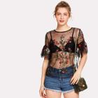 Shein Floral Embroidered Applique Flounce Sleeve Sheer Top