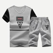 Shein Men Contrast Panel Geo Print Tee With Shorts