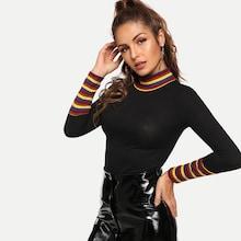 Shein Mock-neck Striped Rib-knit Tee