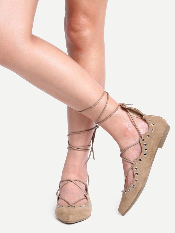 Shein Laser-cut Lace-up Pointed Toe Flats - Brown
