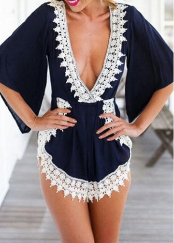 Rosewe Lace Crochet V Neck Blue Rompers