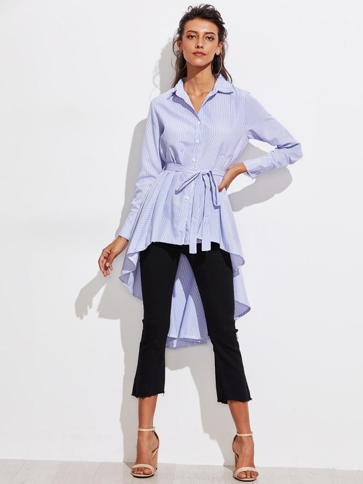 Shein Fishtail Pinstripe Tie Waist Shirt