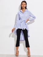 Shein Fishtail Pinstripe Tie Waist Shirt