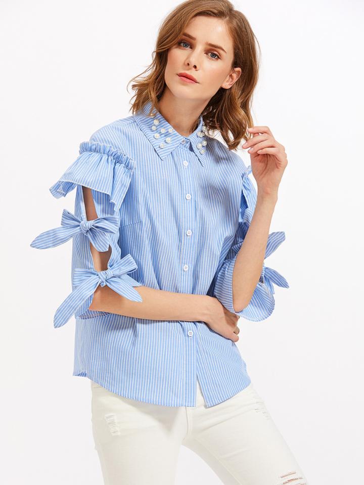 Shein Pearl Beaded Collar Tied Split Sleeve Pinstripe Blouse