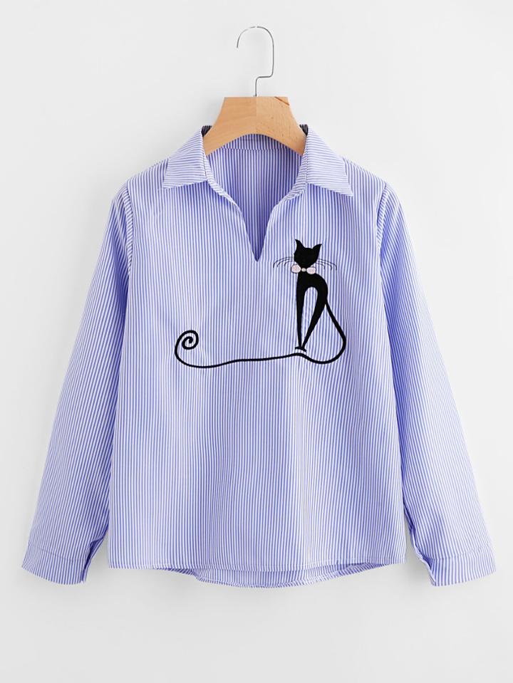 Shein Cat Embroidered Vertical Striped Blouse