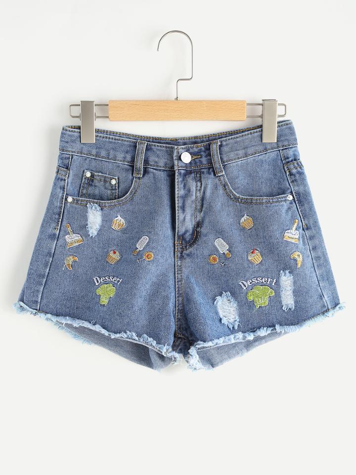 Shein Dessert Embroidered Ripped Fray Hem Denim Shorts