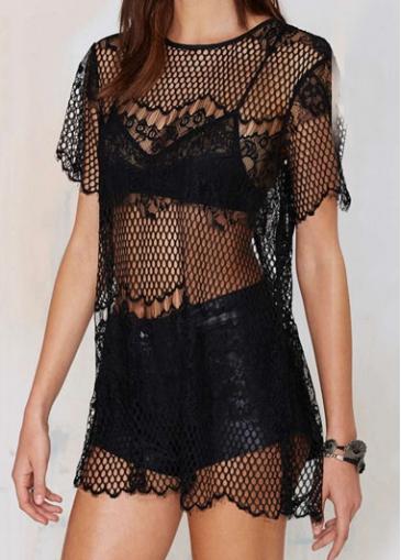 Rosewe Lace Crochet Zipper Closure Back Black Cover Ups