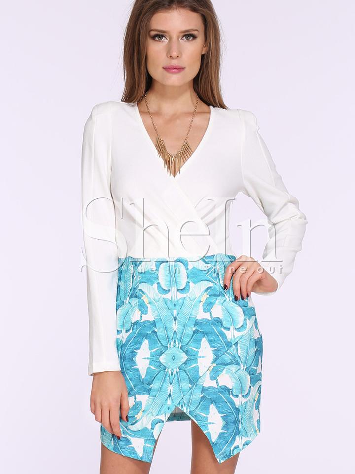 Shein White Professionals Long Sleeve V Neck Floral Print Dress