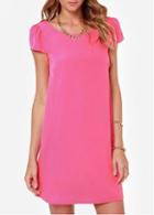 Rosewe Comfy Round Neck Open Back Pink Chiffon Dress