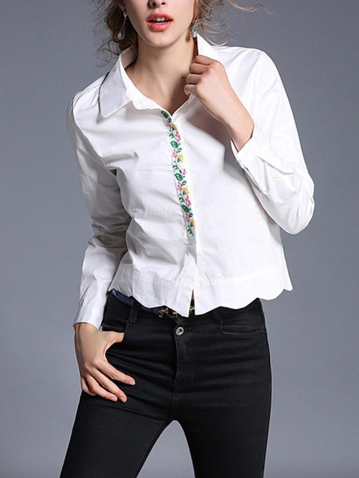 Shein Botanical Embroidered Placket Chevron Hem Shirt