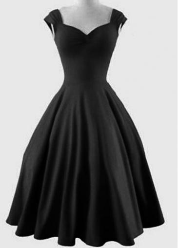 Rosewe Knee Length Black Cap Sleeve Skater Dress