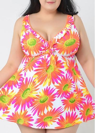 Rosewe Flower Print V Neck Padded Plus Size Swimdress