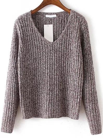 Shein Brown V Neck Long Sleeve Crop Sweater