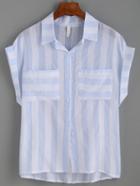 Shein Blue Stripe Cuffed Sleeve Blouse With Pockets