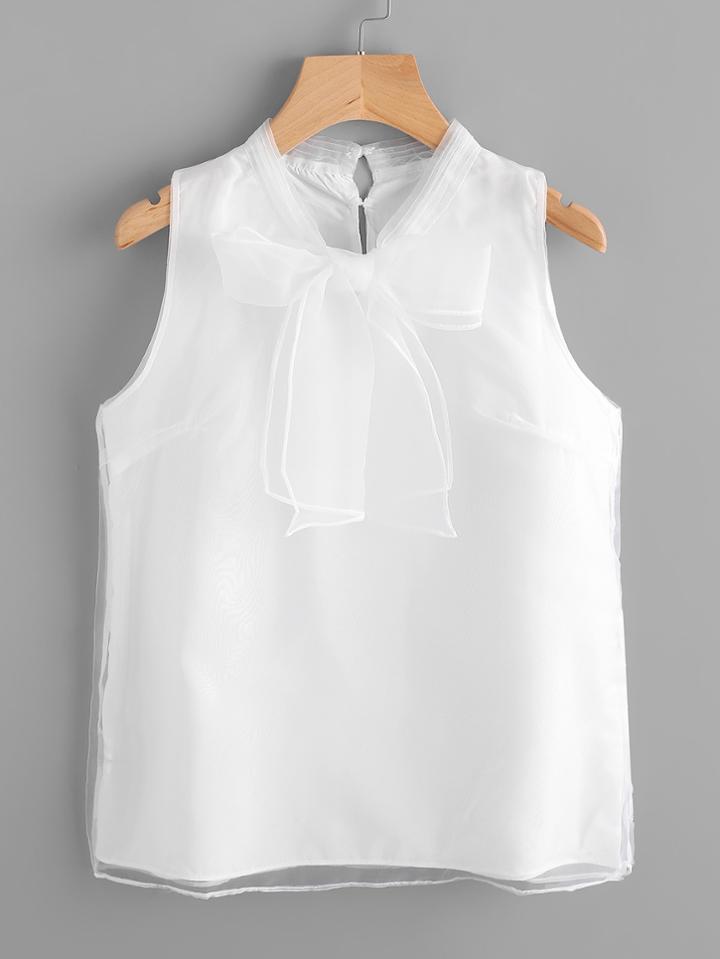 Shein Sheer Mesh Overlay Bow Tie Neck Tank Top