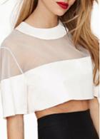 Rosewe Solid White Mesh Patchwork Crop Blouse