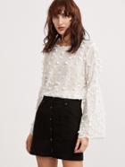 Shein White Bell Sleeve Botanical Applique Embroidered Top
