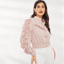 Shein O-ring Zip Up Ruffle Trim Jacket