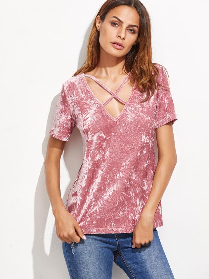 Shein Pink Crushed Velvet Crisscross V Neck T-shirt
