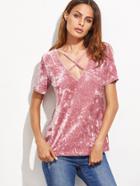 Shein Pink Crushed Velvet Crisscross V Neck T-shirt