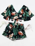 Shein Plunging V-neckline Random Knot Crop Top With Lace Hem Shorts