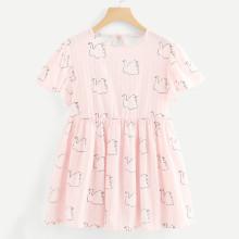 Shein Flounce Sleeve Allover Bird Print Dress