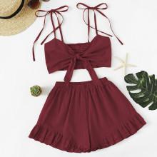 Shein Knot Front Shirred Cami Top With Shorts