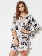 Shein Plunging Tie Neck Trumpet Sleeve Ink Painting Dress