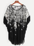 Shein Contrast Flower Print Fringe Trim Poncho Blouse