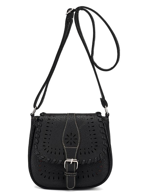Shein Laser-cut Buckle Strap Saddle Bag - Black