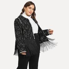 Shein Plus Layered Fringe Pom Pom Detail Tweed Coat