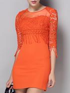 Shein Orange Round Neck Half Sleeve Crochet Hollow Tassel Dress